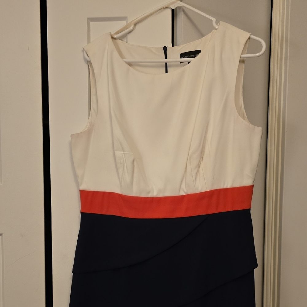 Connected Apparel White, Coral, and Navy Midi Dress
